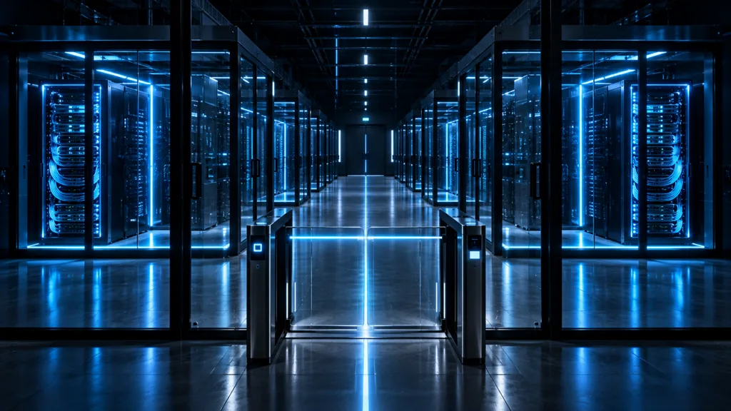 Data-centre aisle of separately lit glass server cages behind a single secure gate
