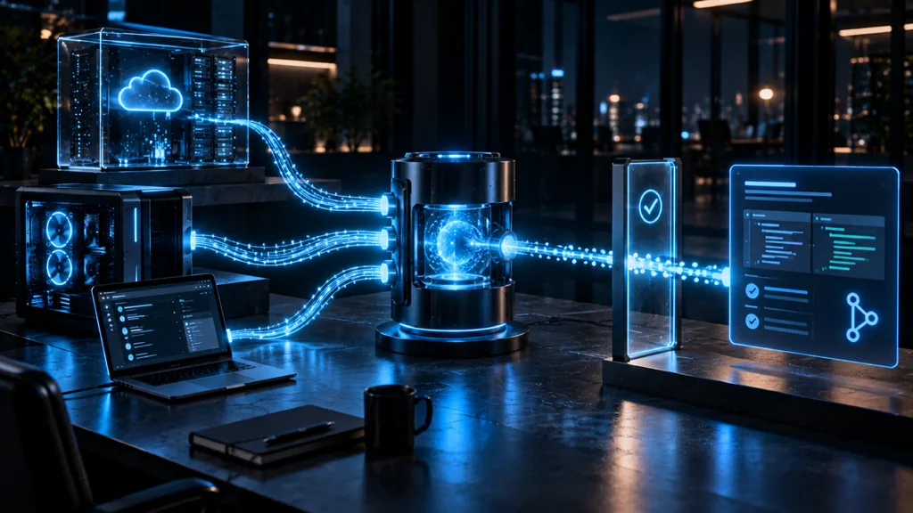 A glowing orchestration core gathering light from cloud, GPU tower and laptop into one dew-like stream through an approval gate